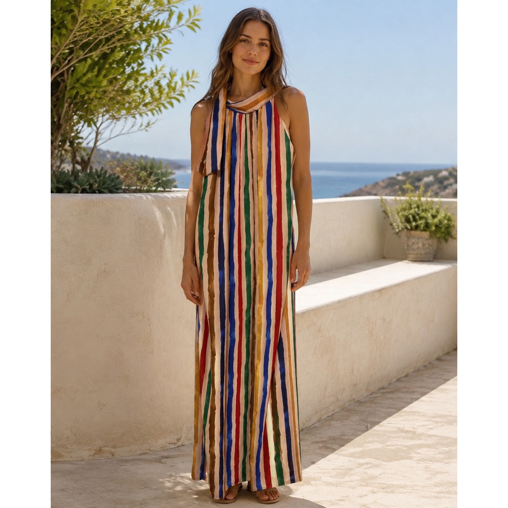Peach Love California‎ Stripe Maxi Dress neck Tie Multi Color Small resort boho